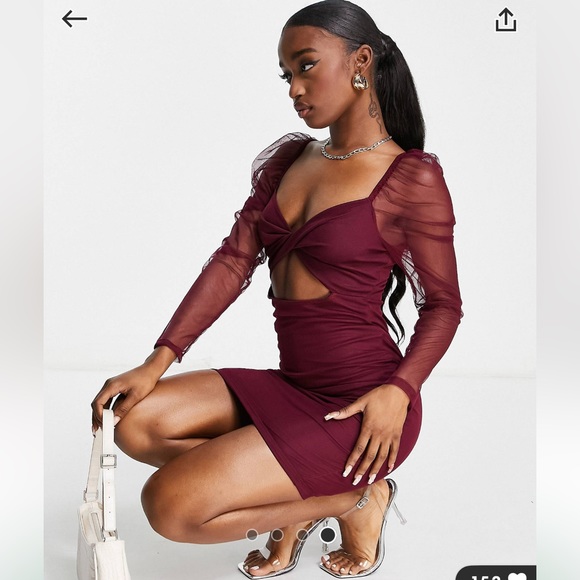 Twist Front Ruched Sheer Sleeved Mini Dress in Berry- 6 - Picture 3 of 8